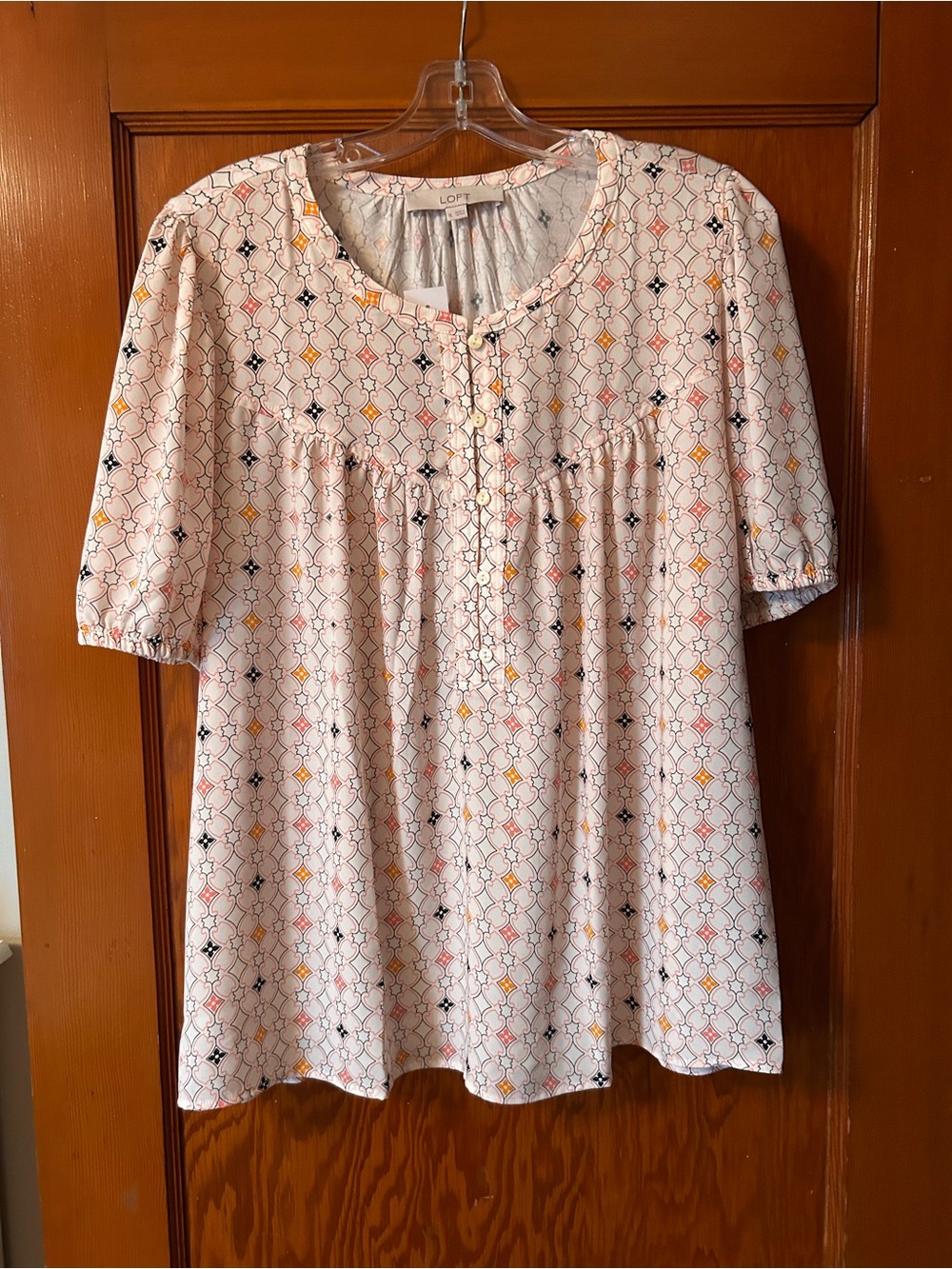 LOFT Pink Short-Sleeve Printed Peasant Tunic
